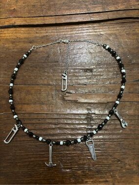 Handmade Black & White Beaded Charm Choker Necklace - Tool Charm Accents